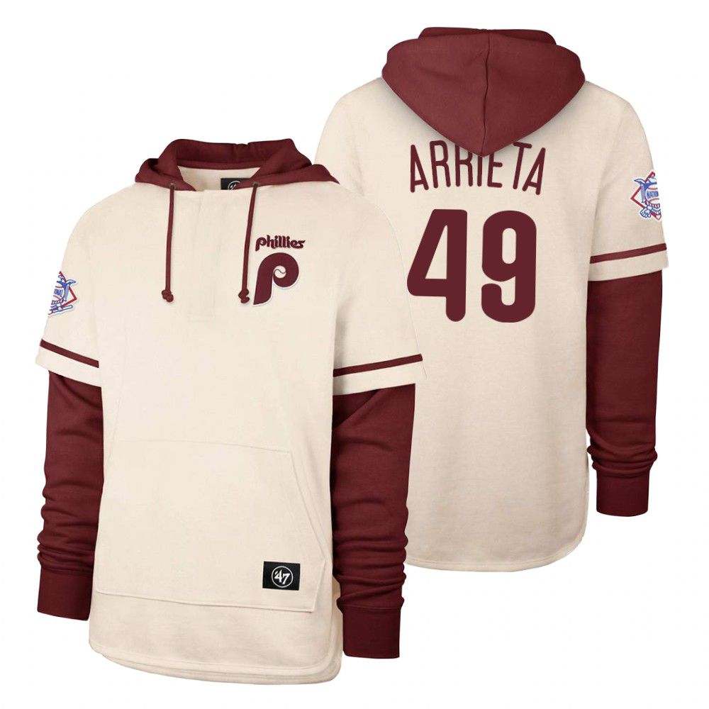 Men Philadelphia Phillies #49 Arrieta Cream 2021 Pullover Hoodie MLB Jersey